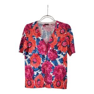 Talbots Womens PETITE SM Cardigan Sweater Floral Lightweight Short Sleeve V-Neck